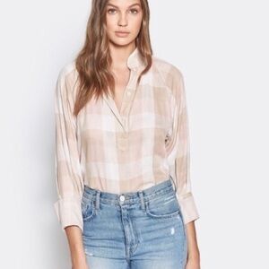 Joie Dia Plaid Balloon Sleeve Split Neck Cotton Blouse Cream Pink Large